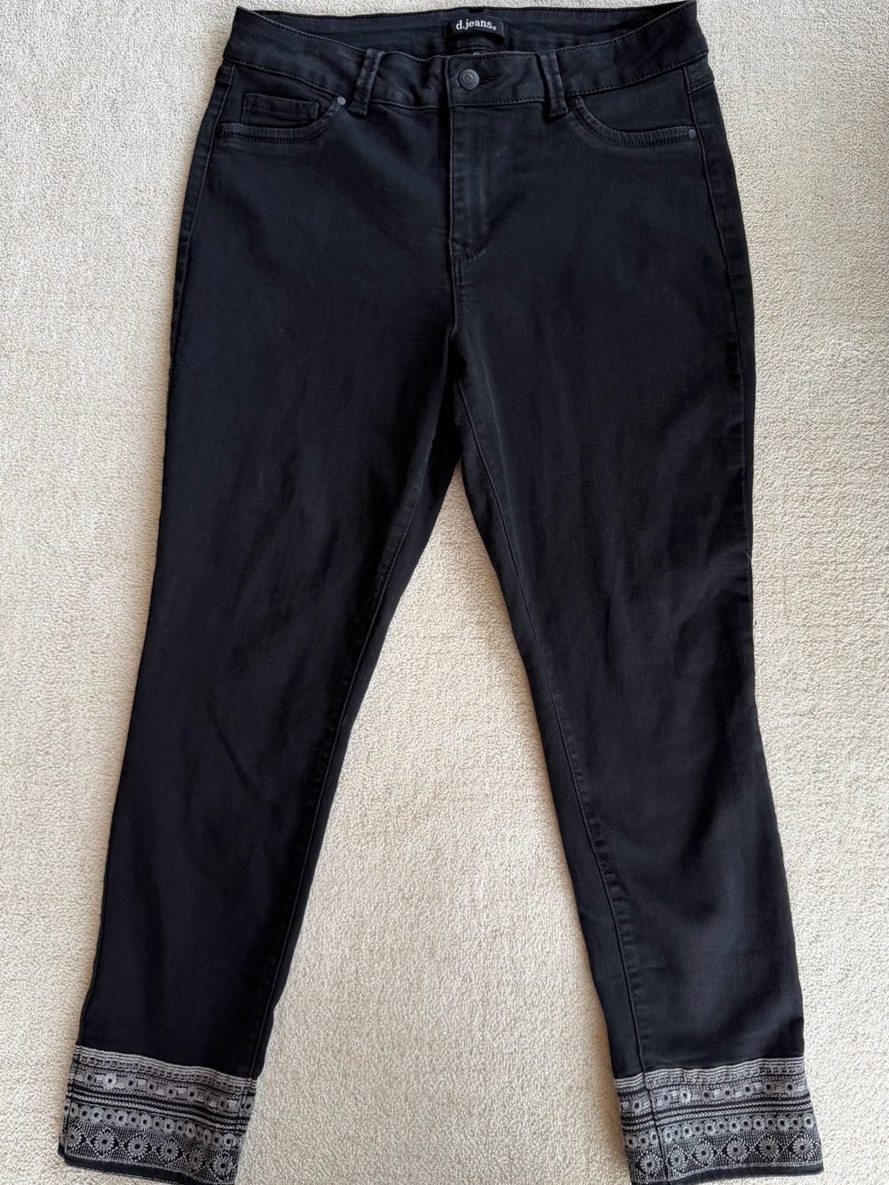 d. jeans Black Cropped Slim Jeans with Embroidered Hem Detail 12